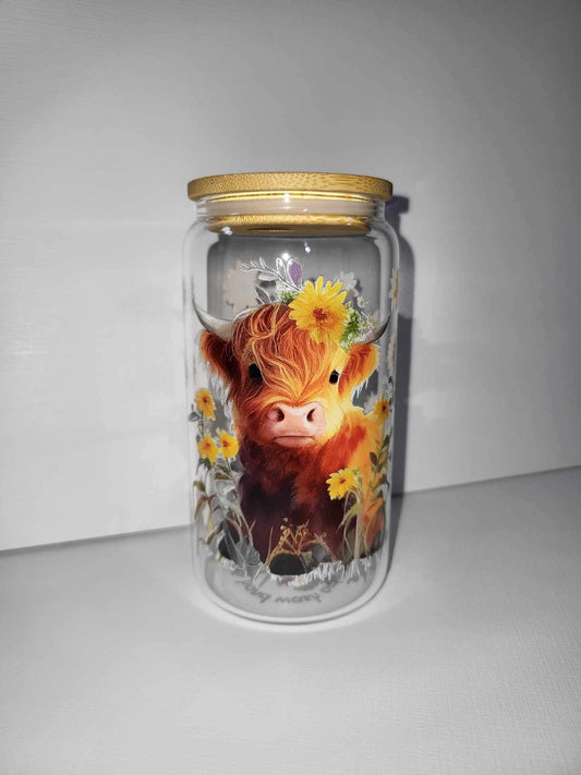 Sunflower Highland Cow Glass Can