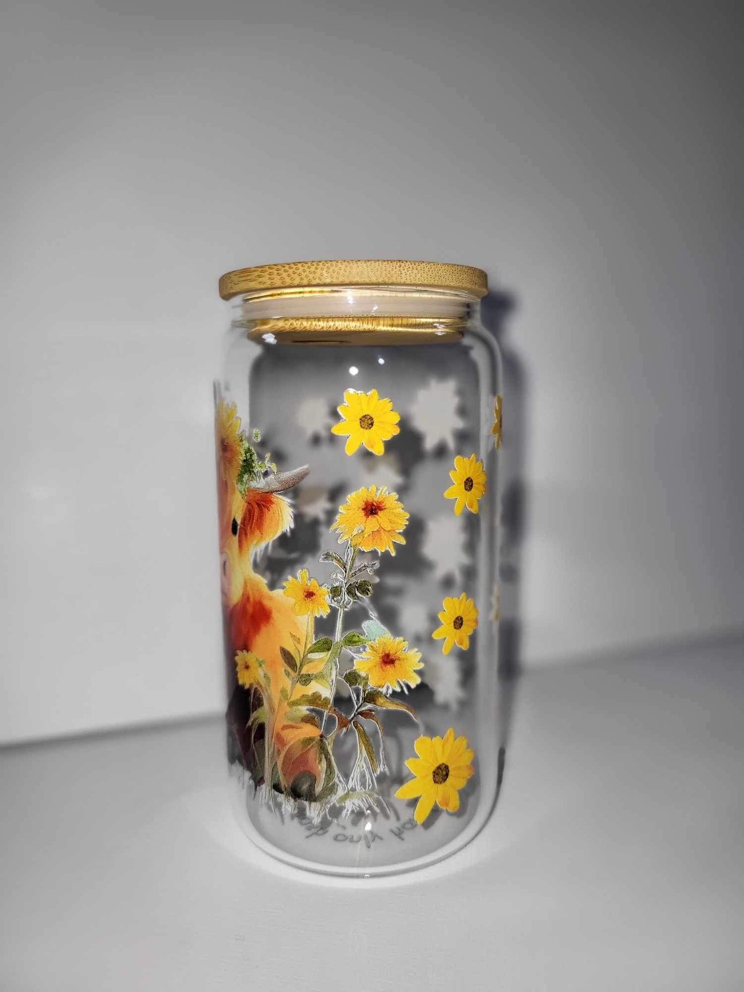 Sunflower Highland Cow Glass Can