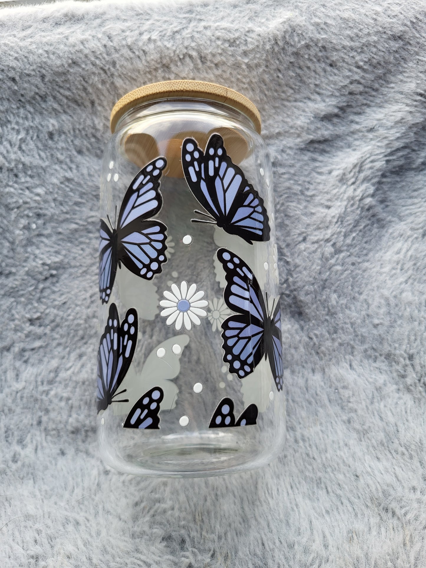 Periwinkle Butterflies clear Glass Can