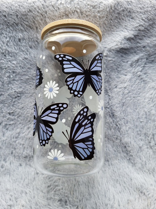 Periwinkle Butterflies clear Glass Can