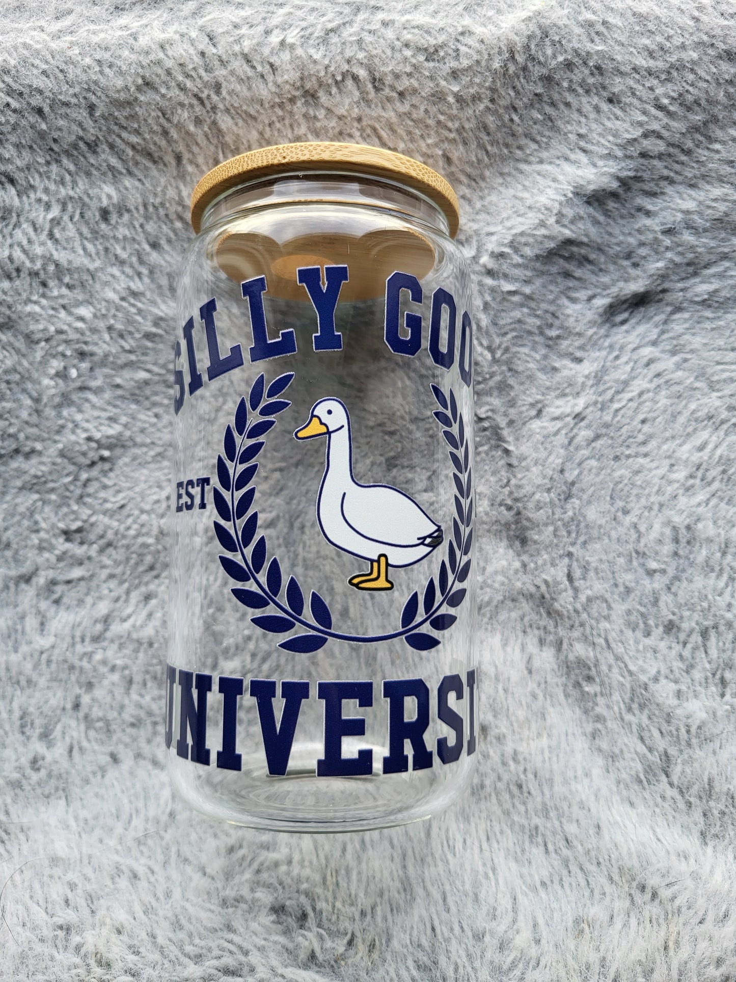 Silly Goose University clear Glass Can