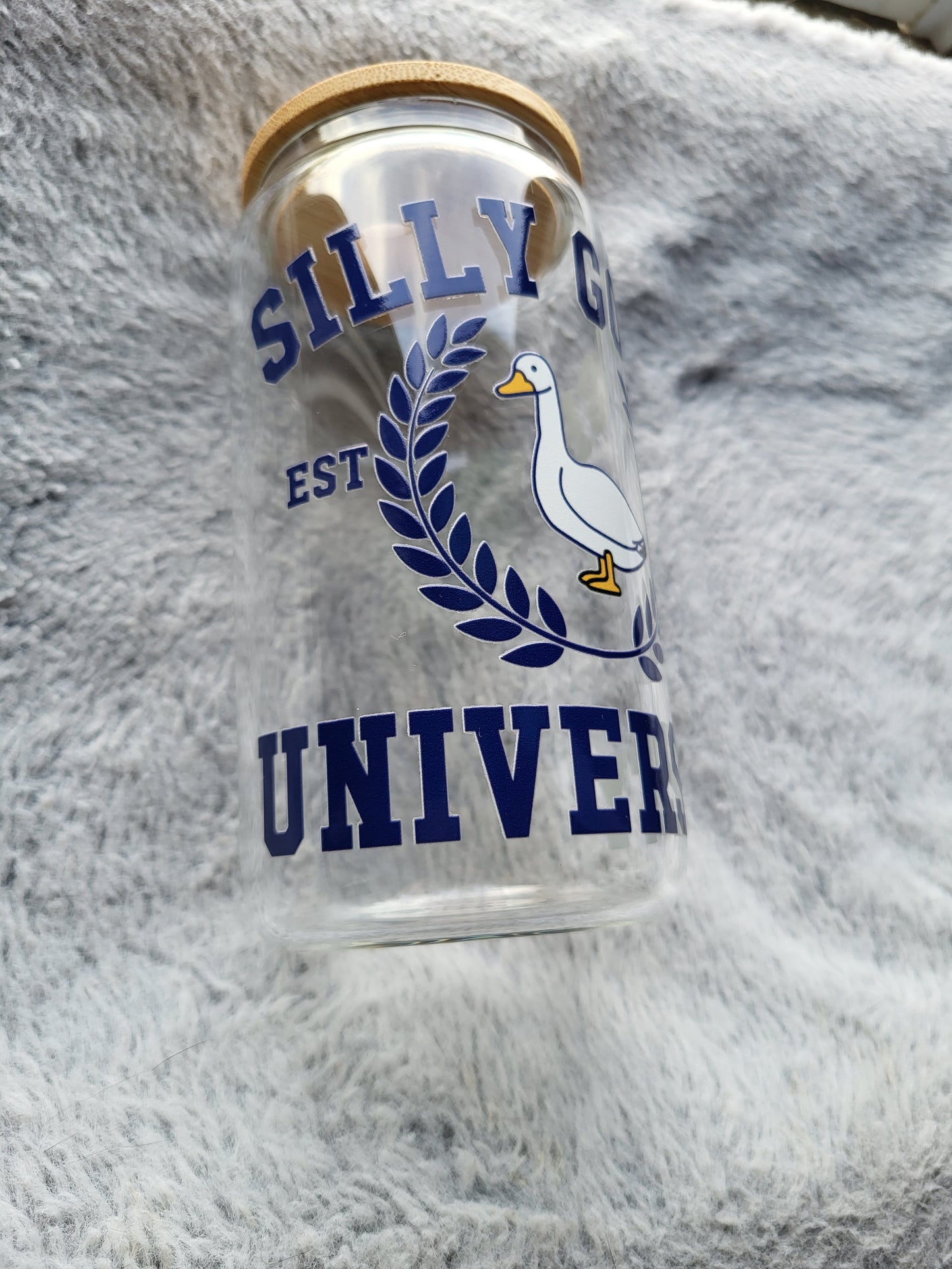 Silly Goose University clear Glass Can