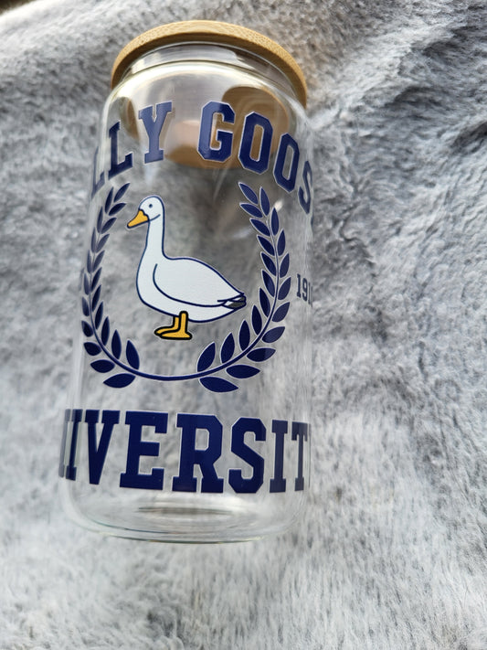 Silly Goose University clear Glass Can